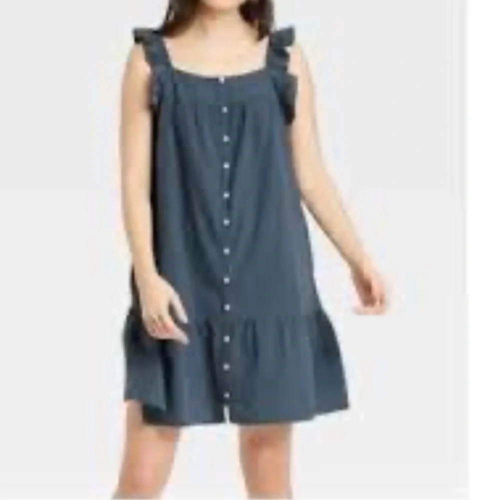 Universal Thread Blue Ruffle Buttoned Mini Dress - Picture 1 of 8